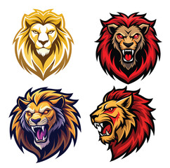 set of lion portraits from different sides isolated on transparent background