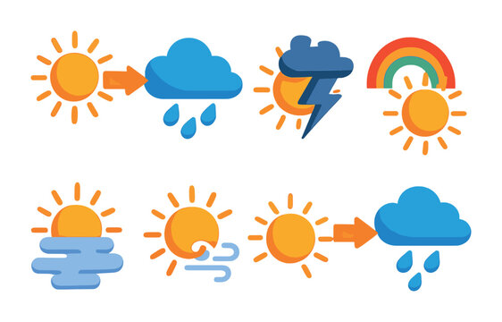 Isometric flat vector set of icons of weather transitions: sun to cloud, sun and rain, storm passing with sun, rainbow after sun, sun through fog, windy sunshine, sun with drizzle, changing sky.