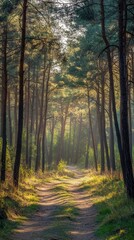 Obraz premium Enchanting Forest Path Bathed in Golden Sunlight Serene Woodland Scene with Tall Trees and Winding Trail Capturing the Tranquil Beauty of Nature