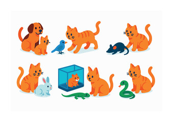 Obraz premium Flat style cats and pets icons collection - dog, cat, mouse, bird, rabbit, snake