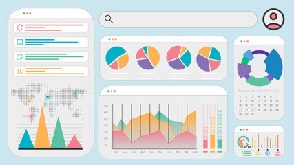 Obraz premium Flat dashboard layout featuring global analytics with pie charts, world map, calendar, and data layers. Concept of business intelligence, strategy, innovation. Vector illustration.