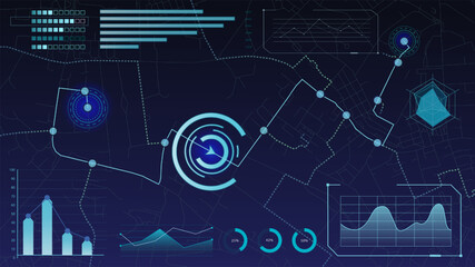 Futuristic data interface with glowing charts, timeline, digital radar and geographic analysis elements. Concept of innovation, AI, analytics, cyber business. Vector illustration. © master1305