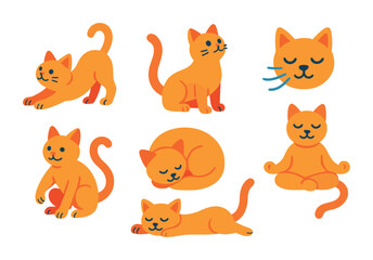 Isometric flat vector set of icons of yoga cats: stretch pose, upward cat, twisted paw pose, peaceful nap, breath icon, curled position, zen face, balanced tail. isolated transparent background.
