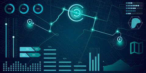 Digital interface in blue tones with tracking path, glowing metrics, bars and route visualization. Concept of innovation, logistics, smart business. Vector illustration.