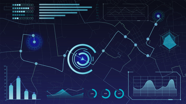 Futuristic data interface with glowing charts, timeline, digital radar and geographic analysis elements. Concept of innovation, AI, analytics, cyber business. Vector illustration.