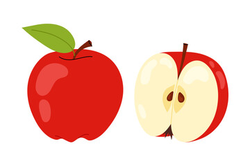 Red apple. Ripe whole and half apple isolated on white background. For food, healthy lifestyle themes or school.