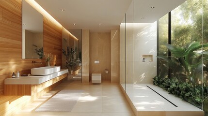 Fototapeta premium Luxurious Modern Bathroom Design with Natural Light and Greenery
