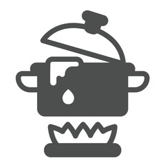 Boiling water pot on fire solid icon, culinary cooking concept. Vector graphics. Water saucepot on gas flame, heating sign on white background, glyph style icon for mobile or web design.