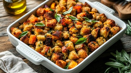 A gluten-free stuffing made with chickpeas, roasted vegetables, and fresh basil, beautifully plated with olive oil drizzled on top