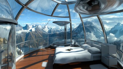 A panoramic mountaintop bedroom with full-view windows.
