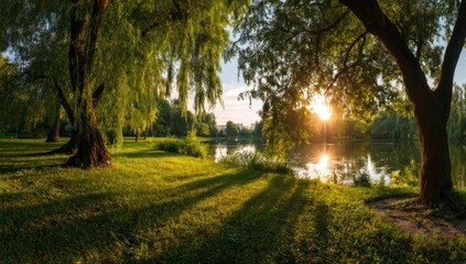 Peaceful Lake with Weeping Willow Trees and Sunlight Reflection at Sunset