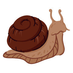 Brown Garden Snail with Spiral Shell and Tentacles Crawling. Hand Drawn Wild Mollusk Isolated on White Background. Adorable Slow Creature for Nature or Animal Designs