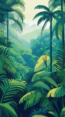 Fototapeta premium Lush tropical jungle landscape with vibrant green foliage and misty mountains in the distance evoking a sense of adventure and tranquility