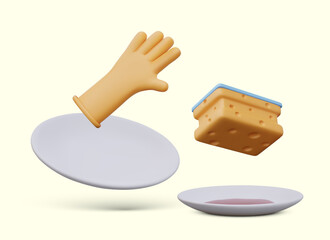 Vector composition of washing dishes in 3D style. Clean and dirty plate, sponge, kitchen glove. Hand protection during household work. Concept on yellow background
