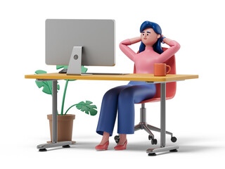 A woman leans back at a desk with a computer, symbolizing relaxation and a break from work. 3D rendering, conceptual image. Isolated on white background.
