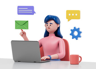 A woman at a desk with a laptop, holding an envelope, surrounded by communication icons, symbolizing digital and traditional correspondence. 3D rendering, conceptual image. Isolated on white backgroun