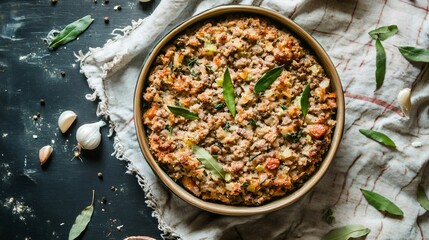 Classic sausage and herb stuffing in a ceramic baking dish, placed on a vintage linen cloth with scattered bay leaves and garlic cloves