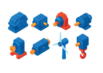 Isometric flat vector set of icons of industrial gearboxes: heavy-duty gearbox, reduction gearbox, right-angle gearbox, inline gearbox, crane gearbox, conveyor gearbox, wind turbine gearbox, hoist