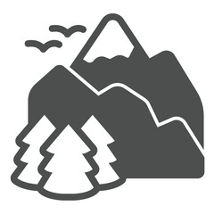 Mountains with forest and birds solid icon, eco tourism concept. Vector graphics. Nature landscape sign on white background, glyph style icon for mobile or web design.