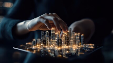 A person interacts with a tablet displaying a cityscape on its screen.