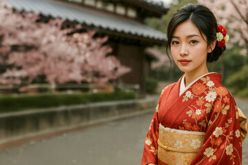 桜咲く背景に立つ、赤い着物を着た日本人女性