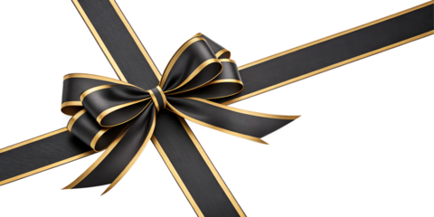 Large black gold bow on the left side of a straight ribbon, isolated on a transparent background - ideal for banners or frames for Easter, Christmas, birthdays, gifts, Valentine's Day