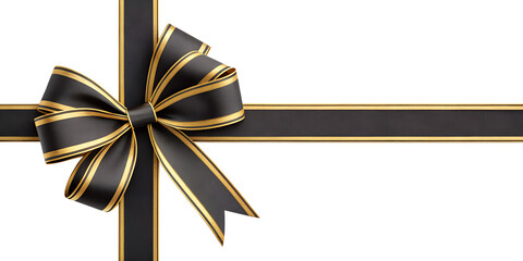 Large black gold bow on the left side of a straight ribbon, isolated on a transparent background - ideal for banners or frames for Easter, Christmas, birthdays, gifts, Valentine's Day