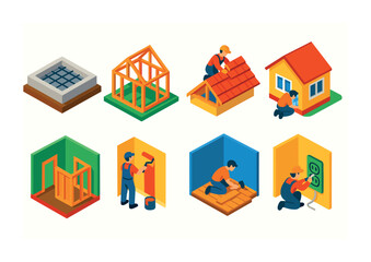 Isometric flat vector set of icons of home building stages: blueprint, frame structure, foundation, roof install, plumbing setup, electrical wiring, insulation, drywall. isolated transparent