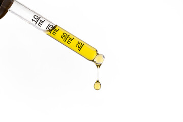 Yellow liquid in dropper on white background