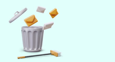 Metal dustbin, envelopes of different colors, brush for sweeping. Concept of removing spam, junk mail. Cleaning mailbox. Vector composition on blue background