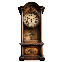 Antique Wooden Grandfather Clock Isolated on White Background Vintage Timepiece Home Decor Classic Design History Nostalgia Old fashioned Time Measurement Heirloom Furniture Grandfather Clock Close