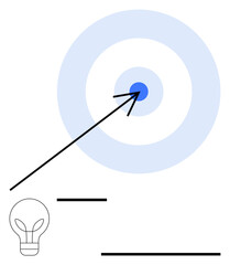 Arrow striking center of circular target. Lightbulb for creativity and ideas. Ideal for innovation, success, strategy, decision-making, leadership, marketing personal growth. Flat simple metaphor