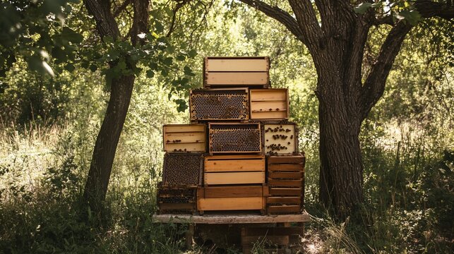 Apiary setup in a lush green environment showcasing honey production