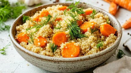 Stuffing made with quinoa, roasted carrots, and fresh dill, placed in a stoneware dish on a neutral background