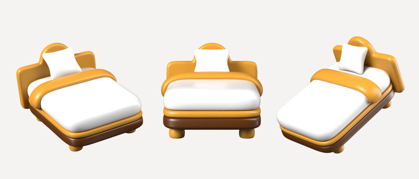 Realistic single bed in different positions. Luxury bathroom furniture. Vector model for advertising bed accessories, service, store. Isolated templates for dynamic interior concepts