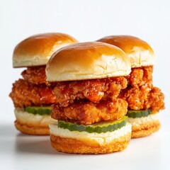 Appetizing stack of fried chicken sliders with sweet sauce and pickles on a white background close up shot