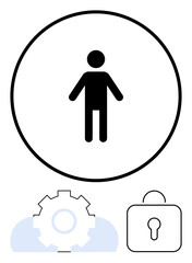 Black human figure inside circle, gear icon, lock symbol, and cloud suggest data protection, control, and customization. Ideal for cybersecurity, technology, privacy user-centric design cloud