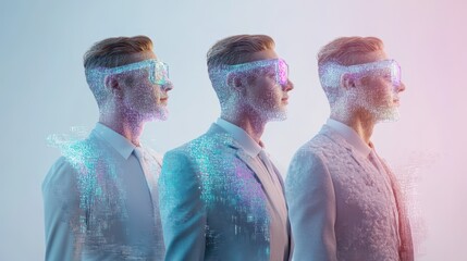 Three suited men with futuristic faces against a digital background showcase innovation and technology.
