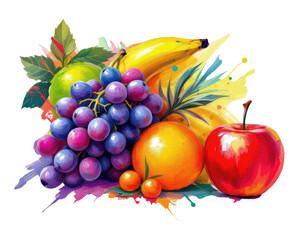 Fresh Colorful Fruits Composition with Purple Grapes Red Apple Orange Banana and Berries Watercolor Style Art Isolated on Transparent and White Background