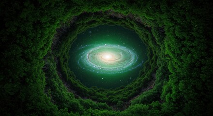 A mesmerizing view of a galaxy surrounded by lush green foliage, evoking a sense of wonder and exploration - green galaxy wallpaper