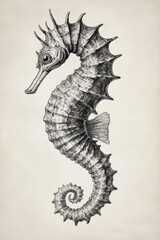 Obraz premium Retro sketch of detailed seahorse with curled tail and textured body on light background