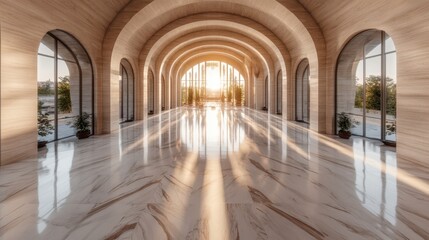 Elegant hallway featuring arched windows, marble floor, and a radiant sunlit ceiling.