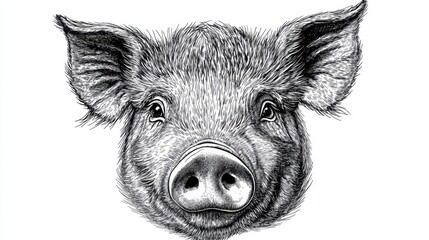 Retro sketch of smiling pig face with big ears and nose on white background, detailed front view