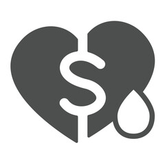 Dollar on heart and drop of blood solid icon, charity concept. Vector graphics. Blood donation sign on white background, glyph style icon for mobile or web design.