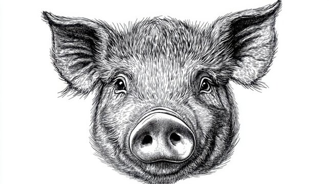 Retro sketch of smiling pig face with big ears and nose on white background, detailed front view