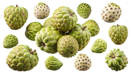 Collection of various cherimoya fruits in different angles and stages of ripeness showing their unique texture and color variations against a Trensprent Background png