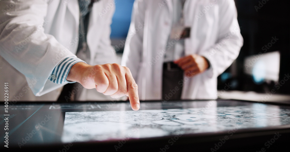 Aufkleber scientist, hands and pointing with screen for lab review, medical research or teamwork. computer tab