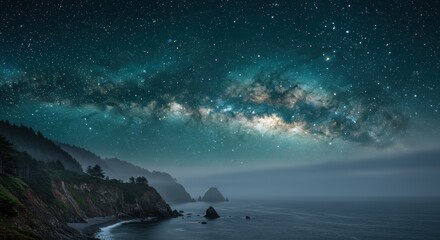 Stunning night sky over a coastal landscape, showcasing the Milky Way and rocky formations - green galaxy wallpaper
