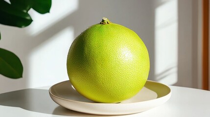 Minimalist image of a whole pomelo resting on a white background, highlighting its natural beauty.