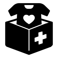 Obraz premium Clothes box, shirt with heart solid icon, charity concept. Vector graphics. Humanitarian aid box, donation sign on white background, glyph style icon mobile or design.